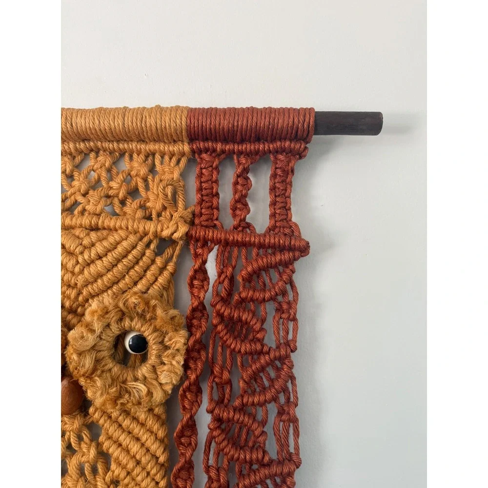 Vintage 70s Macrame Owl Wall Hanging Boho Fiber Art Terracotta Mustard Rust